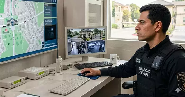 Oficial de seguridad en porter&iacute;a monitoreando c&aacute;maras y mapa del barrio
